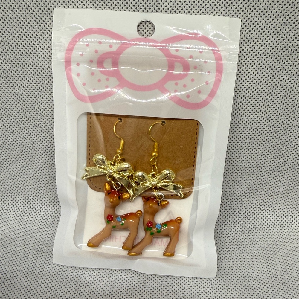 Handmade Golden Bow Reindeer Earrings - Picture 3 of 6